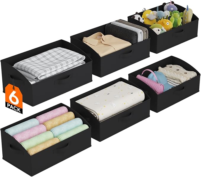 Lifewit Trapezoid Closet Storage Bins for Shelf, 6 Packs Non-woven Closet Organizer Baskets with Handles, Foldable Clothes Containers Boxes for Clothing, Book, Purse, 23L, Extra Large, Black
