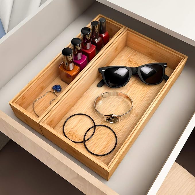 Utensil Organizer Silverware Drawer Organizer - Stackable Bamboo Flatware Caddy Cutlery Holder, Wooden Storage Boxes Tray for Bedroom,Office, Bathroom, Vanity & Garage Tool Organization(12"3"2.5")