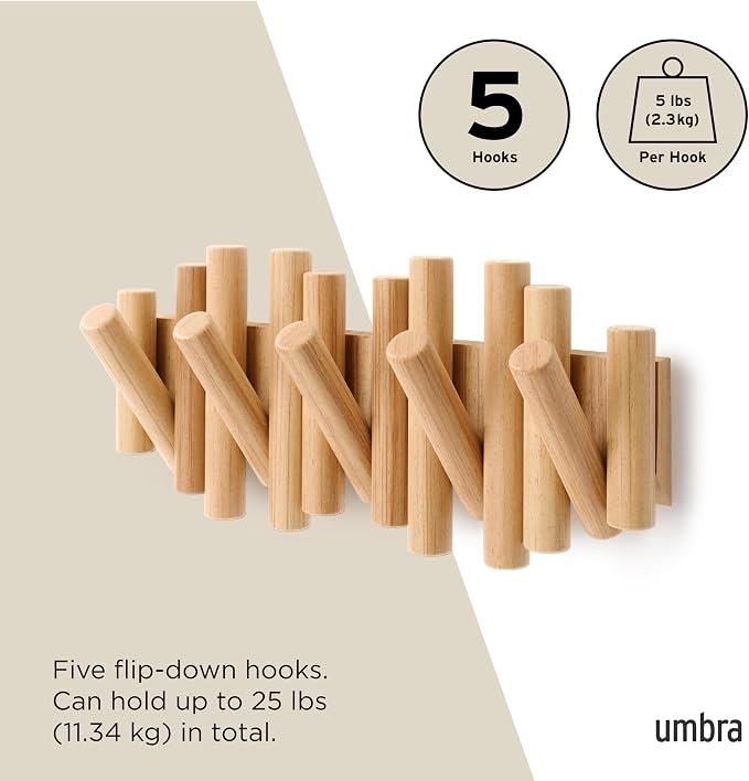 Umbra Picket Coat Rack Wall Mount – 5 Flip-Down Wood Coat Hooks, Modern & Functional Storage, Easy Install Wall Hooks, Natural