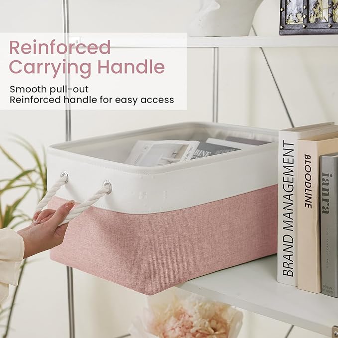 15.7x11.8x8.26 Inch Fabric Large Storage Bins with Handles 6 Pack | Foldable, Sturdy Metal Strand, Cardboard Support Molding, Fabric Storage Baskets for Shelves, Closet, Bedroom, White/Pink