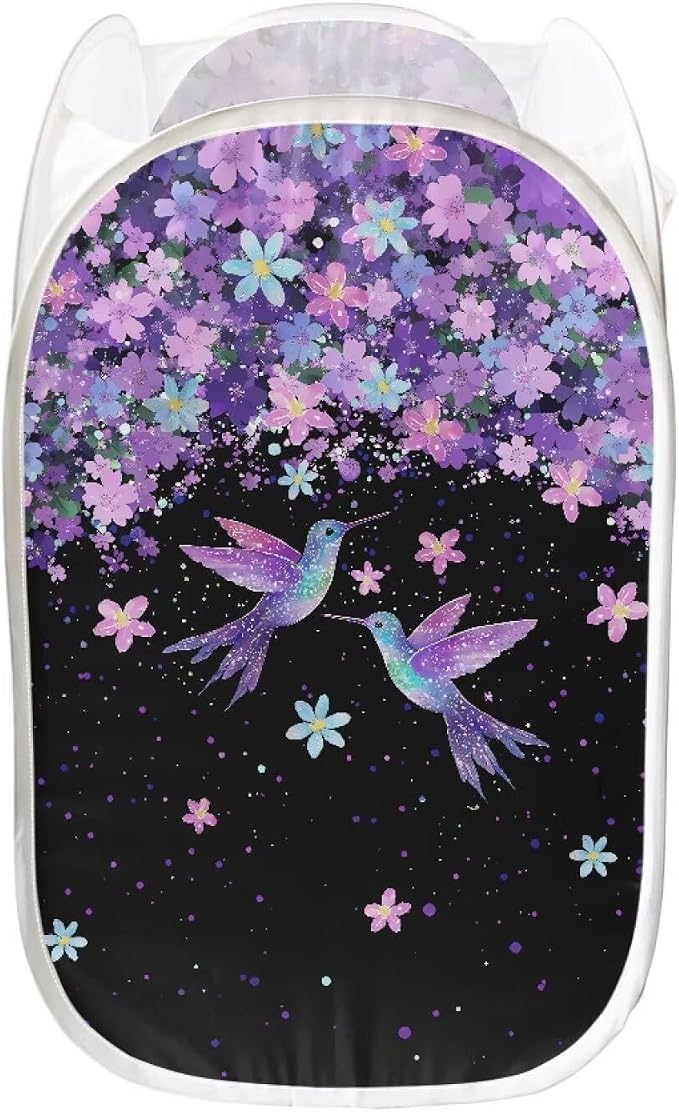 AFPANQZ Hummingbird Purple Flower Mesh Pop Up Laundry Hamper with Side Pocket Collapsible Design for Clothes Laundry Toys Nursery Save Place for Home Easy Folding for Travel