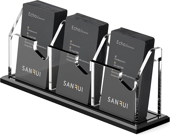 SANRUI Black Vertical Business Card Holder for Desk 3 Slot 1 Tier, Clear Acrylic Name Card Stand for Women and Men, Desktop Organizer Display for Office Home Exhibition - 180 Card Capacity 1 Pack