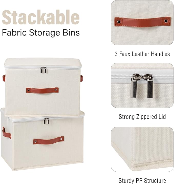 Storage Bin Box with Zippered Lid Cotton Linen Fabric Decorative Basket with PU Leather Handles PP Plastic Board Foldable Lidded Clothing Shelf Closet Organizer Container (Beige, Large)