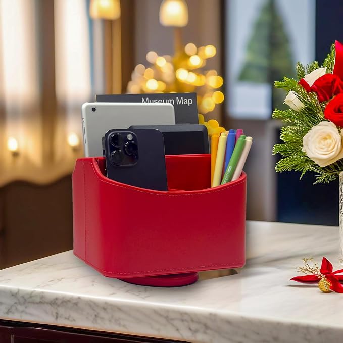 UnionBasic Rotating Desk Organizer, 360 Desk Spinning Caddy, Desktop TV Guide/Mail/Media/Remote Controller Holder Organizer, Red