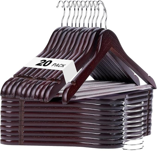 HOUSE DAY Cherry Wooden Hangers 20 Pack, Heavy Duty Wooden Coat Hanger for Closet, Solid Wood Hanger with Non Slip Pant Bar, Smooth Finish Wood Clothes Hangers for Shirts, Suits Jackets, Dress