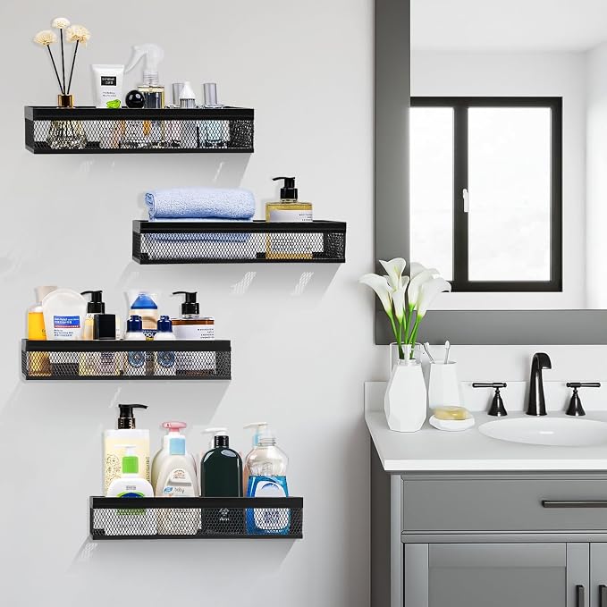 Hanging Wall Mount Storage Baskets with Adhesive Hooks & Screwing, Metal Wire Organizer Baskets for Home Decor, Kitchen, Bathroom, Pantry, Laundry, Closet, Garage, RV Black 2 Packs (Netting)