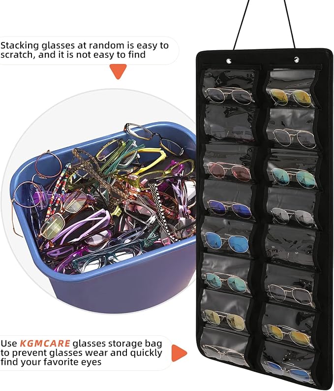 Sunglasses Organizer Storage - 16 Slots Glasses Storage Wall Pocket Display Hanging on Door, Eyewear Display, Dust-Proof (Black, Dust-Proof)