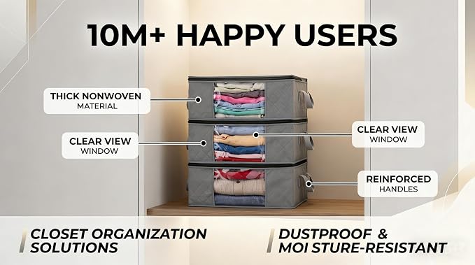 Storage Clothes Bins Closet Bags - 35L Containers Organizer Boxes Clothing Bin Organization for Organizing Blanket Pillow Sheet Sweater, Foldable Bedroom Small Storage Totes With Lids Zipper, 3pc Pack