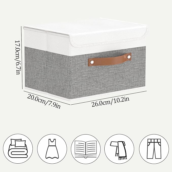 OUTBROS Storage Bins with Lids, White/Grey, 5 Pack 10.2 x 7.9 x 6.7in | Collapsible Storage Boxes, Cotton and linen cloth Storage Baskets with Handle, for Books, Closet