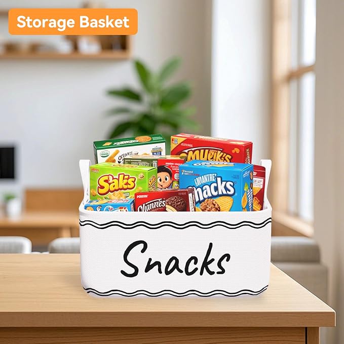 Snack Basket for Pantry & 5 Seal Clips - Snack Bin Organizer for Countertop - Imitation Linen Snack Storage Containers for Storing Chips, Pretzels, Cookies, Popcorn and more (1, White)