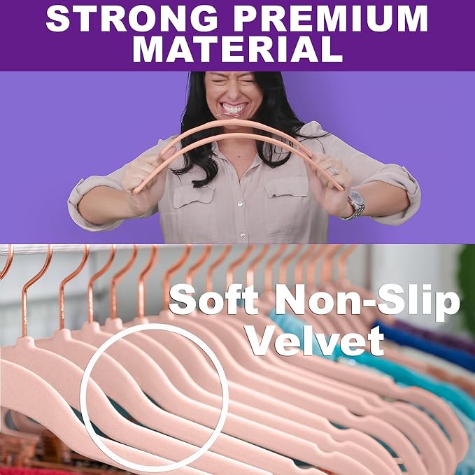 MIZGI Premium Velvet Hangers 100 Pack Heavy Duty - Non Slip Felt Hangers - Blush Pink - Rose Gold 360 Degree Swivel Hooks,Space Saving Clothes Hangers,Durable Strong Hangers for Suits,Coats,Dress