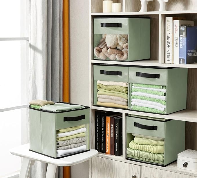 DECOMOMO Storage Bins, Cube Storage Bin with Window | 13" Cube, 6 Pack, Fabric Storage Cubes for Shelves (Green)