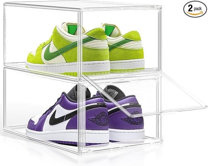 2 Pack Drop-Front Clear Shoe Storage Box Acrylic Box Shoe Organizer Size 12, Stackable Shoe Tower with Magnetic Door Storage Cubbies for Sneaker Containers Boot Display & Closet Organization