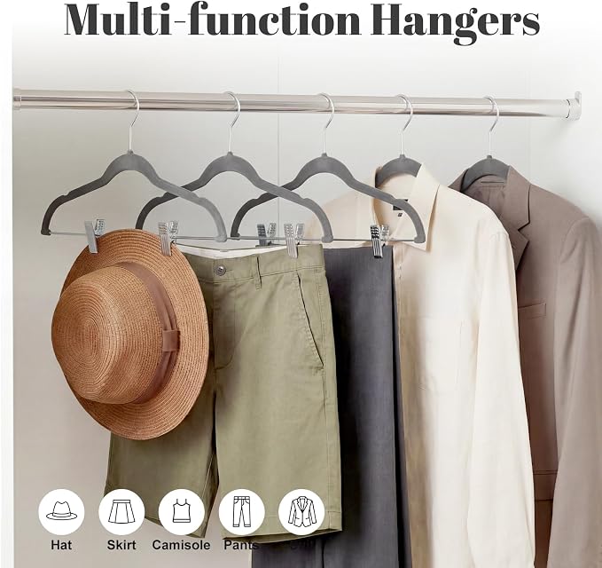 HOUSE DAY Velvet Skirt Hangers 12 Pack, Gray Velvet Pant Hangers with Adjustable Clips, Space Saving Slim Shorts Hanger, Heavy Duty Non Slip Clip Hanger for Pants, Skirts, Shorts