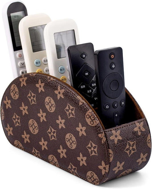 Remote Control Holders Organizer Box with 5 Compartment PU Leather Multi-functional Office Desk Storage Caddy Store Tv Remote for Media Player,Brush,Pencil,Glassees&Office Supplies (Brown+KhakiF)