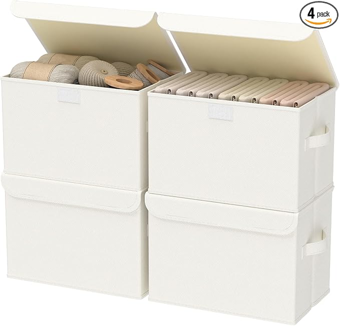 Storage Bin with Lid, Closet Boxes, 4 Pack, Beige, 10.2x7.9x6.7 In | Fabric Clothing Basket with Cover, Collapsible Stackable Organizer Cubes with 2 Handles, for Closets and Bathroom Vanities