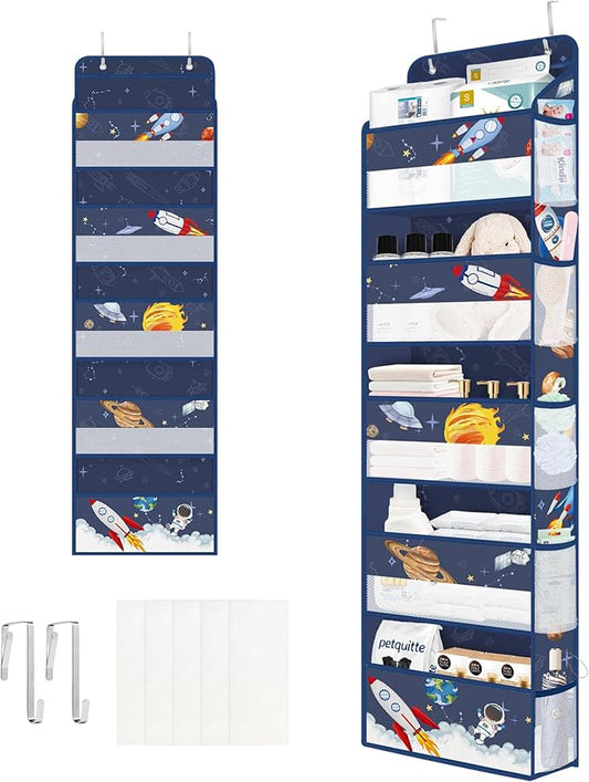 Clastyle Blue Space Over The Door Organizer Storage Planet Rocket 5 Shelves Closet Nursery Hanging Shelves Clothes Diaper Stuffed Animal Toy Storage for Newborn Baby Essential