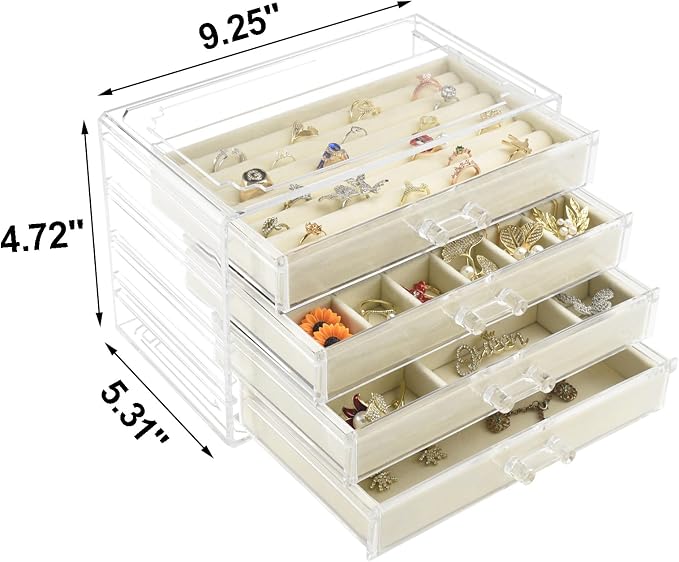 Weiai Acrylic Jewelry Organizer Box 4 Drawer Earring Case Storage for Women Beige