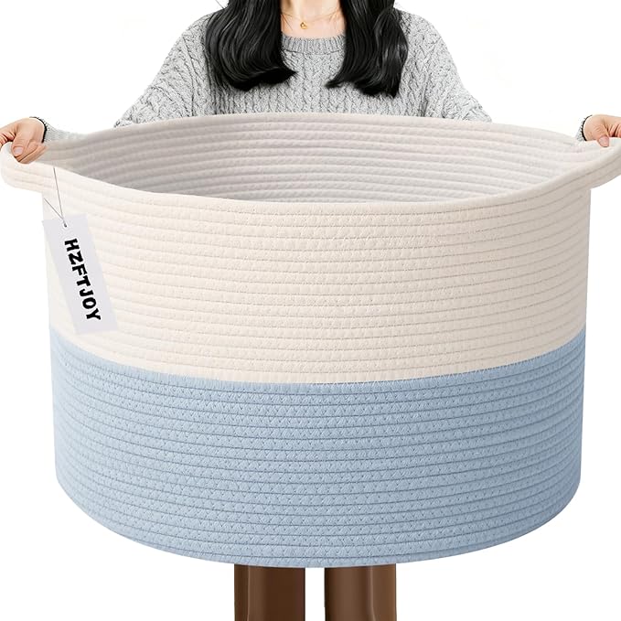 115L Extra Large Woven Cotton Rope Blanket Basket with Handles, Laundry Hamper Storage Bin for Pillows, Comforters,Clothes, Toys, Nursery, Bedroom and Living Room Organization,White&Blue