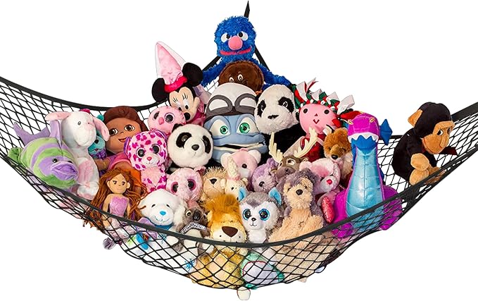 Stuffed Animal Hammock, Large | Corner Stuffed Animal Storage & Plushie Net | Toy Hammock for Stuffed Animals | Holds 12lbs | Easy Hang, All Hardware Included | Black Bedroom Decor | by Lilly's Love