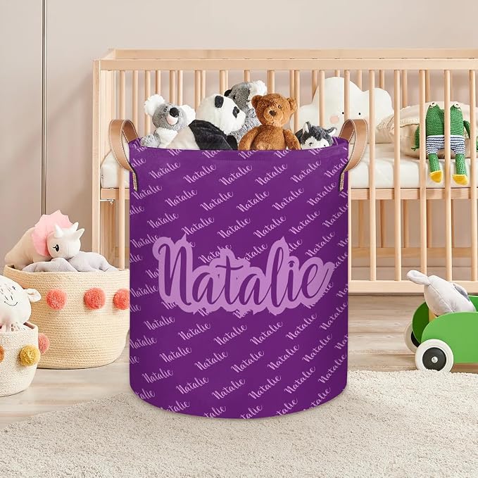 Personalized Laundry Basket, Custom Gift Laundry Hamper, Collapsible Nursery Waterproof Laundry Baskets, Dirty Clothes Toy Hamper with Handles Name Text Purple