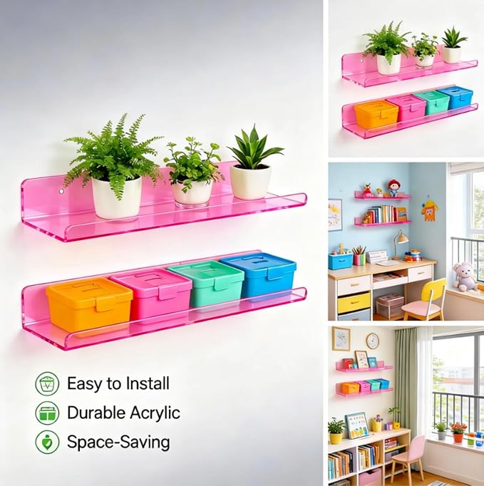 ROYALITA 2-Pack Acrylic Shelves Wall Mounted, 17 Inch Display Shelves | for Small Items Plants Organize Wall Shelves for Gaming Room, Bedroom, Living Room, Office, Pink