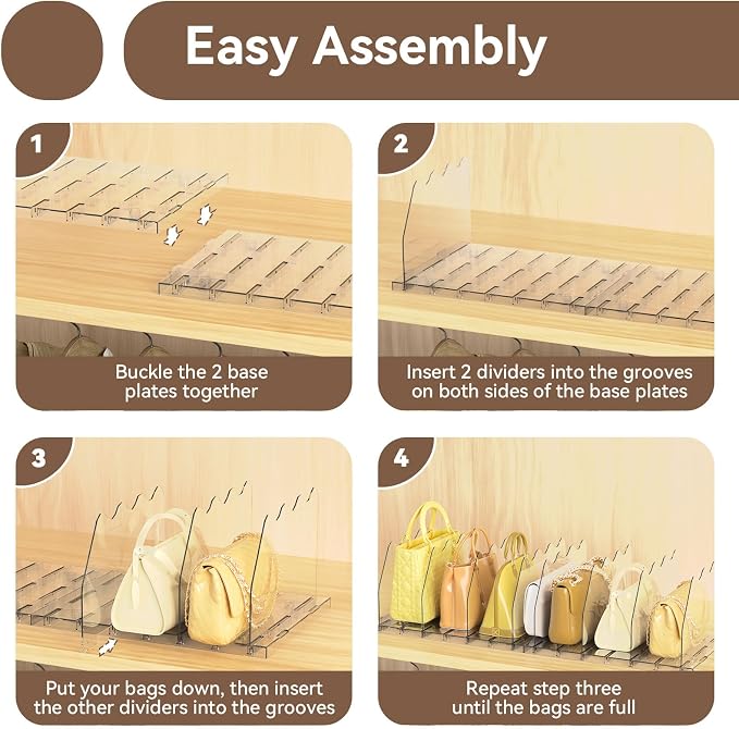 SOYO Adjustable Clear Purse Organizers for Closet, Acrylic Shelf Divider for Bag and Purse Storage, Pocketbook and Handbag Organizer, Bookshelf Separator Organizers for House, Office Use, Clear，2pc