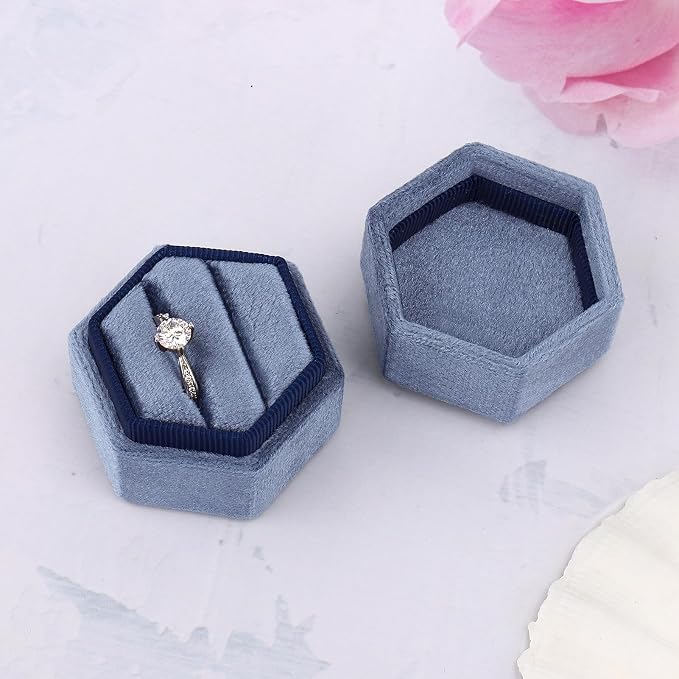 DesignSter Hexagon Velvet Ring Box - Premium Gorgeous Vintage Double Ring Display Holder with Detachable Lid for Proposal, Engagement, Wedding, Ceremony (Sapphire blue)
