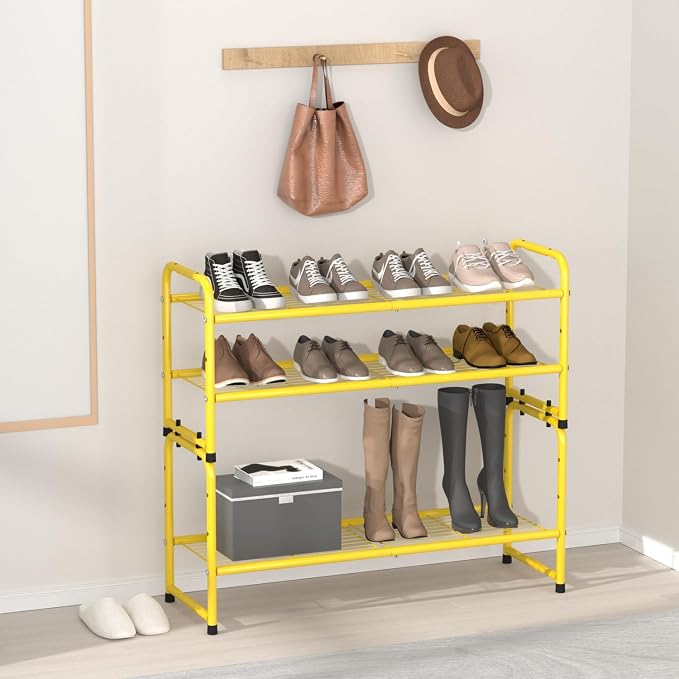 2 Pack Shoe Rack, 2-Tier Metal Stackable Shoe Shelf Storage Organizer, Heavy Duty Wire Shoe Stand for Entryway, Closet, Hallway, Holds 50 LBS, Gold
