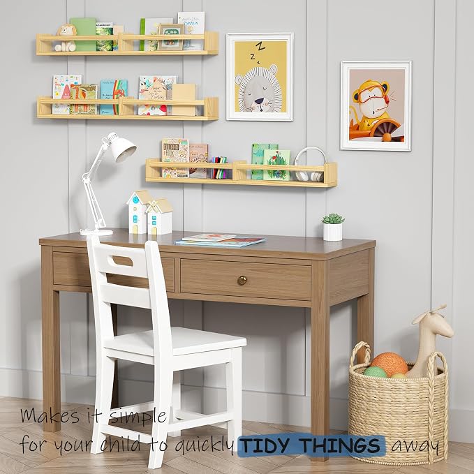 Harwaya Floating Nursery Book Shelves for Wall, 32 Inch Long Bookshelf for Kids Room, Wooden Large Wall Shelf with Hanging Rod for Baby Toddler Child Bedroom (3-Pack, Natural Wood)