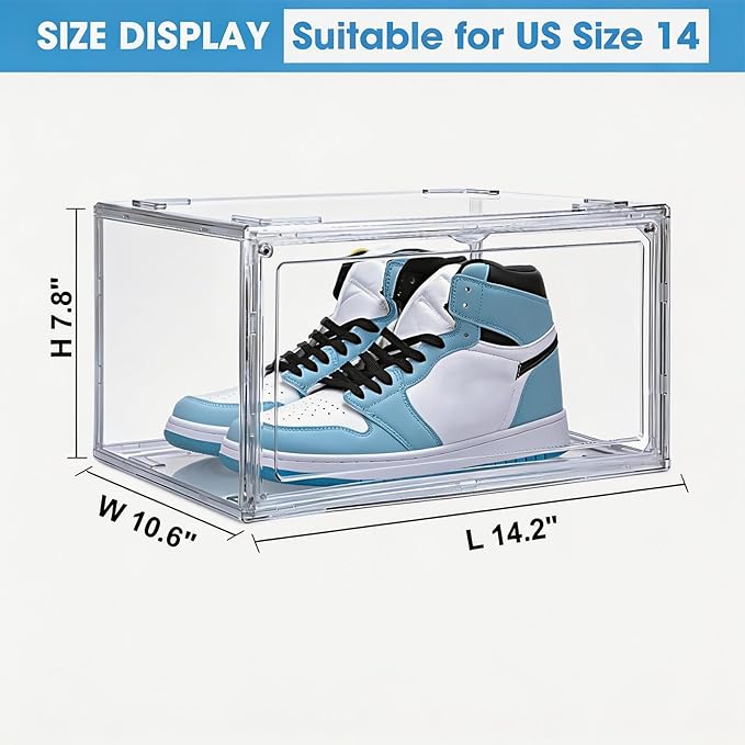 HIYOHIYO Clear Shoe Storage Box with Large Capacity Fits US Size 14, 1-Pack | Stackable, With Magnetic Door, Thicken Sturdy, Easy Assembly Transparent Display Case, For Sneaker, Ankle Boots, High Heels
