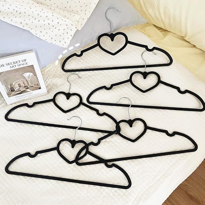 Velvet Hangers 50 Pack,16 Inch Non Slip Adult Heart Hanger (Black) | 360° Swivel Hooks, Cascade Design, Space Saving
