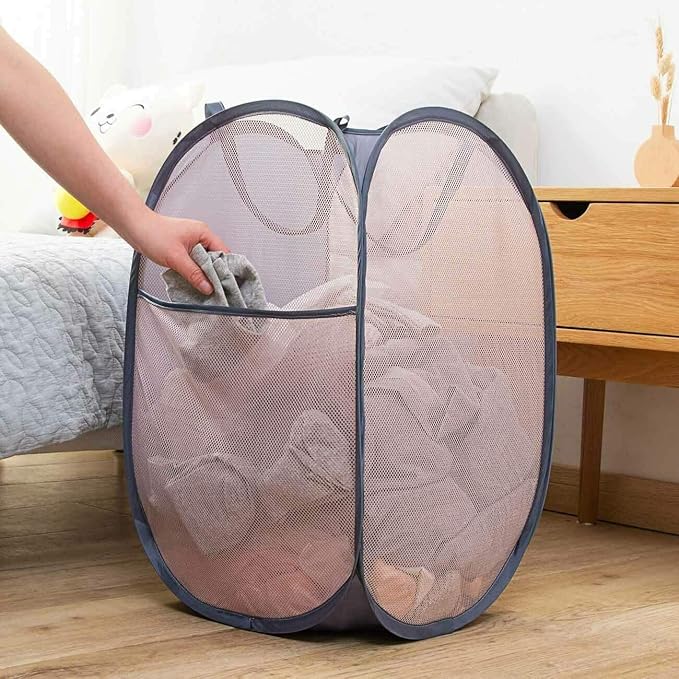 Mesh Pop up Laundry Hamper, Collapsible for Storage, Portable Folding Pop-Up Clothes Hamper Laundry Basket for Home Room, College Dorm or Travel, Grey