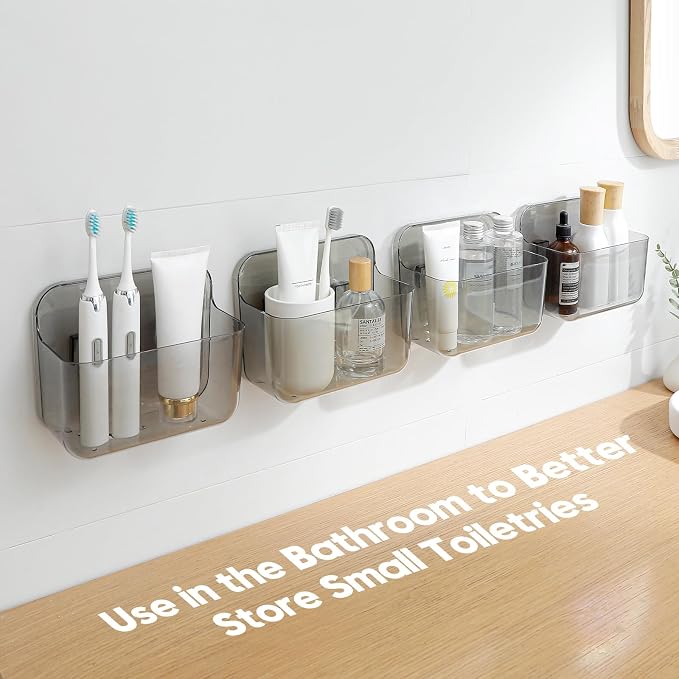 4 Pack Adhesive Kitchen Cabinet Door Organizer, Compact Pantry Organizers and Storage Box, Bathroom Storage Organizer Shelf for Narrow Space, Wall Mounted Shower Caddy Hanging Sink Caddy(Smoke Gray)