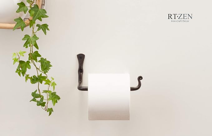 RTZEN Bathroom Toilet Paper Holder - Handcrafted Rustic Wrought Iron Wall Decor Toilet Roll Holder - Black Matte Wall Mount Bar for Modern Farmhouse Bathroom Decor