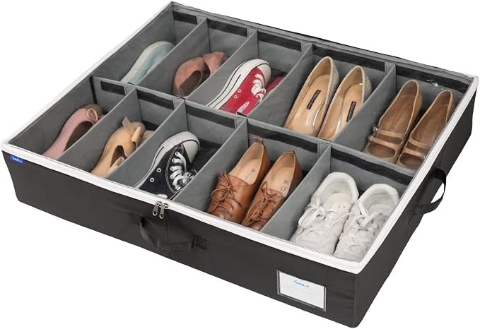Surblue Shoe Storage Organizer Under Bed Adjustable Dividers Oxford Container Closet Storage Solution with Clear Cover and Handle for Clothing Boots Blankets Sweaters Toys,10 Pairs