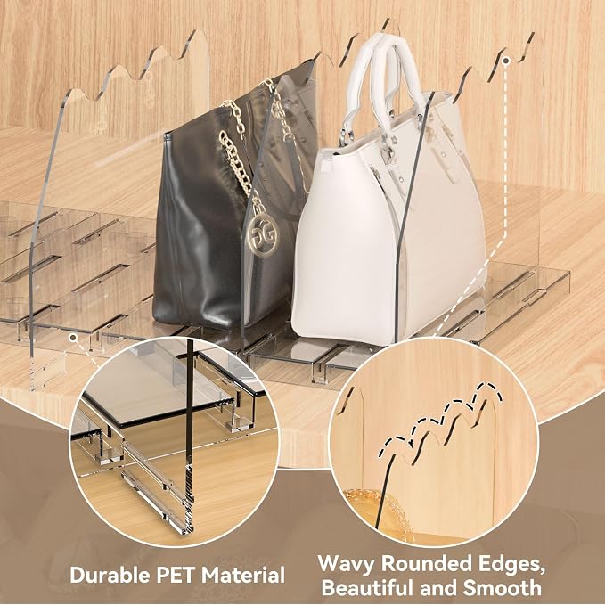 SOYO Adjustable Clear Purse Organizers for Closet, Acrylic Shelf Divider for Bag and Purse Storage, Pocketbook and Handbag Organizer, Bookshelf Separator Organizers for House, Office Use, Clear，2pc