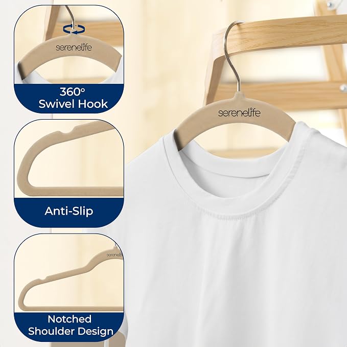 SereneLife Velvet Hangers – 10 Pack, Slim & Space Saving for Closets | Soft velvet grip prevents slipping on silk, satin & knitwear – 360° swivel hook fits all standard closet rods