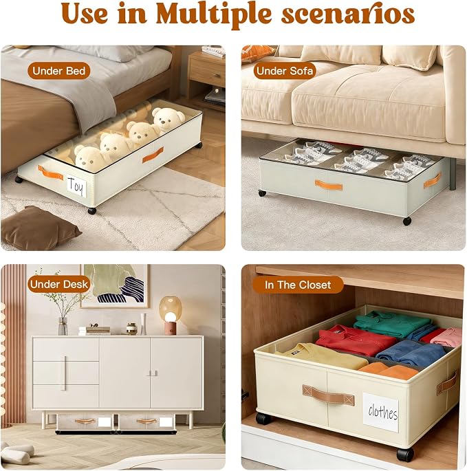 Under Bed Storage with Wheels, Rolling Storage Containers with Clear Lid and Handles for Clothes, Shoes, Blankets, Pillows, Toys, Books, Bags (60L, 30.9 x 16.9 x 6.7in, Beige, 2 Pack)