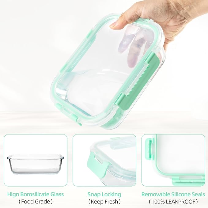 16Pack Glass Meal Prep Containers 8 Bowls with 8 Airtight Mint Lids 2 Sizes | Borosilicate glass food storage set for lunch, leftovers & portion control — microwave/freezer/dishwasher safe, leak-proof