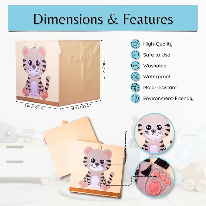 Washable Toy Organizers and Storage, Canvas Toy Chest Organizer Foldable Kids Toy Storage Organizers for Child's Bedroom or Playroom -13x13x13 Inch (Tiger Cub)