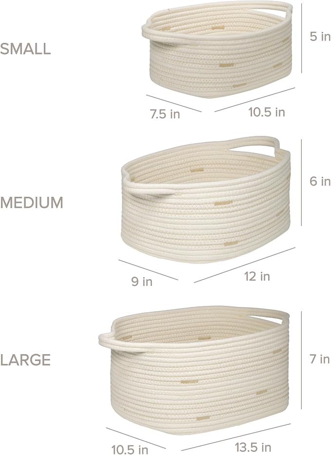 RGI Home Storage Baskets for Organizing, Fabric Rope, Set of 3, Decorative Woven Bins with Easy-Carry Handles, Multiple Sizes, Durable and Stylish, Ivory with Beige Accents
