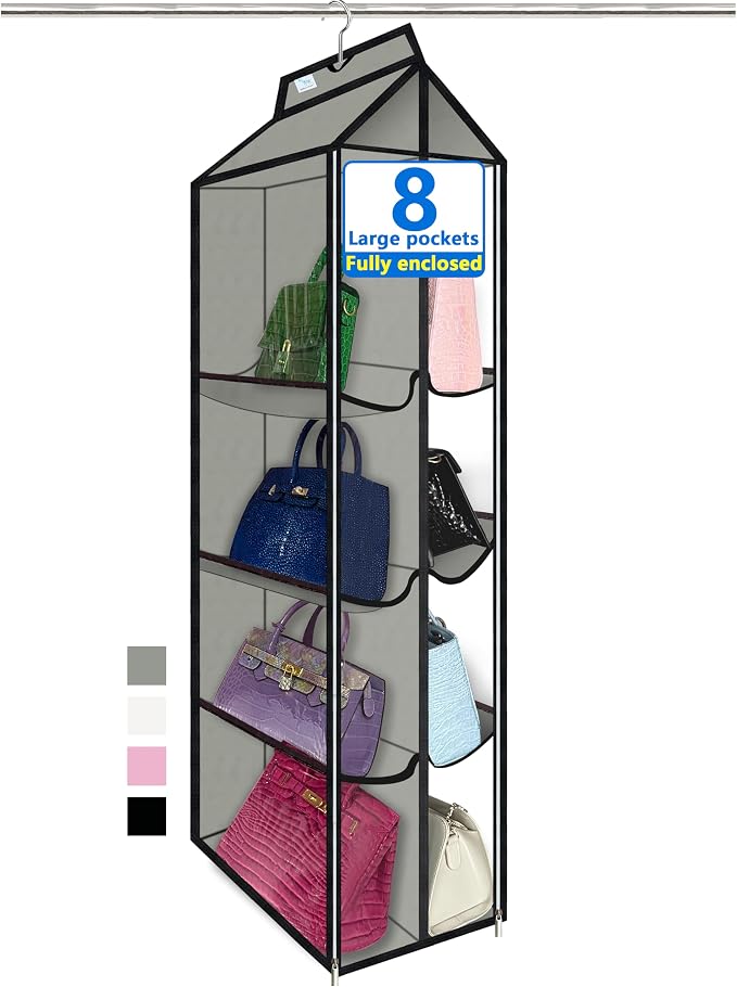 Purse Organizer for Closet, with Zippered-Dustproof, Purse Organizer, Designed for Oversized Wallets & Holds 8-16 Purses, organizador de carteras de Mujer,Grey-Purse Hanger Closet