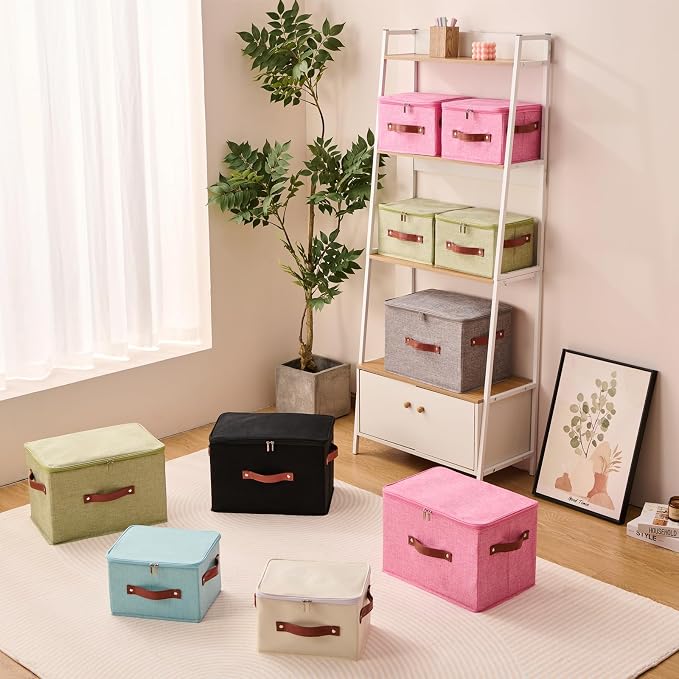 3PCS Storage Bins Boxes with Zippered Lids Cotton Linen Fabric Decorative Basket PU Leather Handles PP Plastic Board Foldable Lidded Clothing Shelf Closet Organizer Container (Gray, Small)