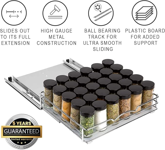 Pull-Out Cabinet Spice Rack Organizer, 12 ⅜"W x 10 ⅜"D x 2 ¾"H | Slim Slide-Out Storage for Spices, Bottles & Jars, Premium Heavy-Duty Steel, Easy Install for Narrow Kitchen Cabinets, Chrome