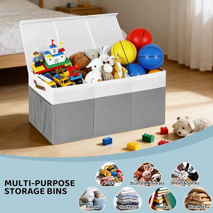 Extra Large Foldable Toy Chest with Lid,Collapsible Kids Toy Storage Box Organizer,Large Fabric Storage Bin for Nursery Playroom Bedroom Living Room,40”x18”x14”,White & Grey