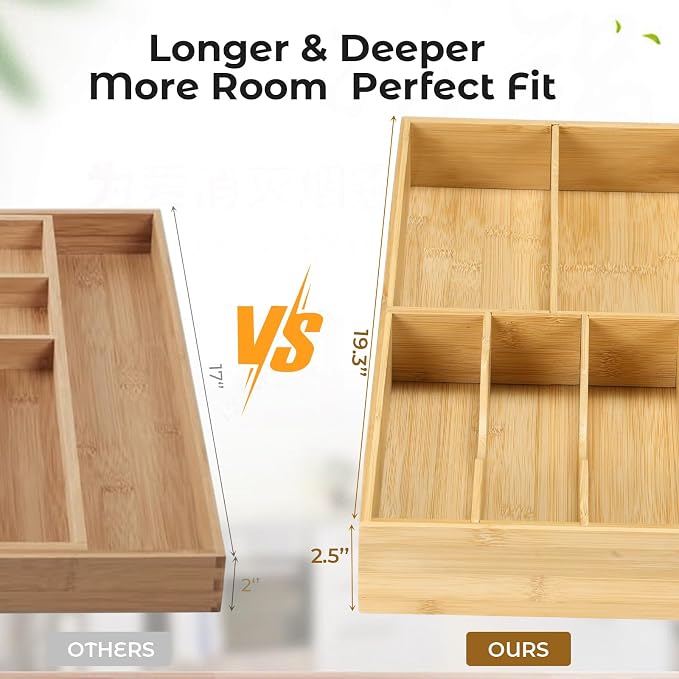 Fabsome Silverware Organizer for Kitchen Drawers, 2.5'' Deep 12.8'' Wide Bamboo Wood Flatware Tray with Deep Slots for Large Cutlery Utensil Drawer