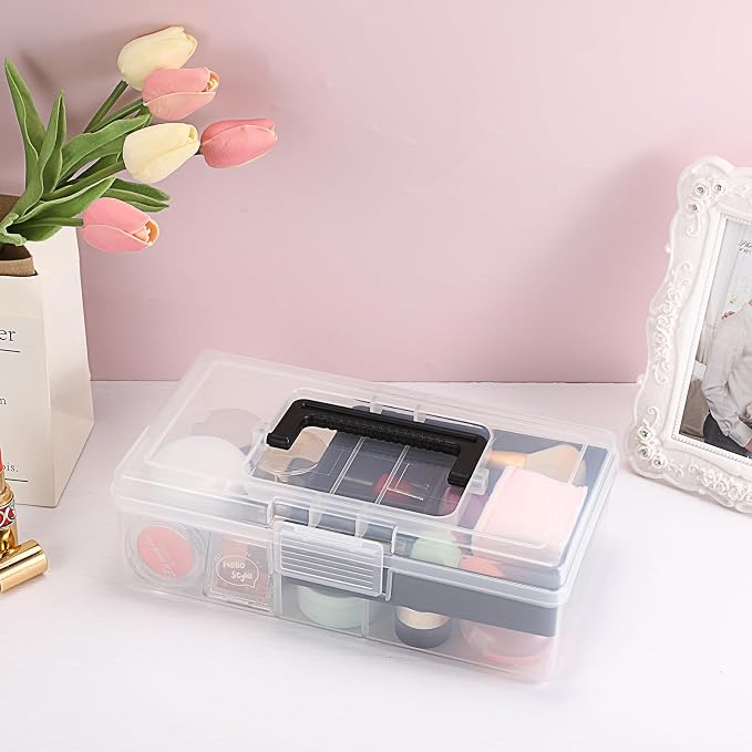 JUXYES Clear Art Craft Supply Storage Bin Sewing Box With Handle Lid | Clear Stackable Latching Craft Storage Bin for School Office, Organizing Stationery, Sewing, Art Craft, DIY Supplies