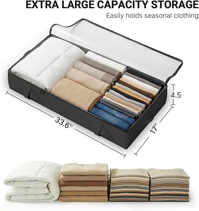 TidyCorner 2-Pack Under Bed Storage Containers, 4.5 Inches Tall Low Profile Underbed Clothes Storage Organizer Bin with Sturdy Sidewalls/Bottom, Underbed Storage Bins, Black