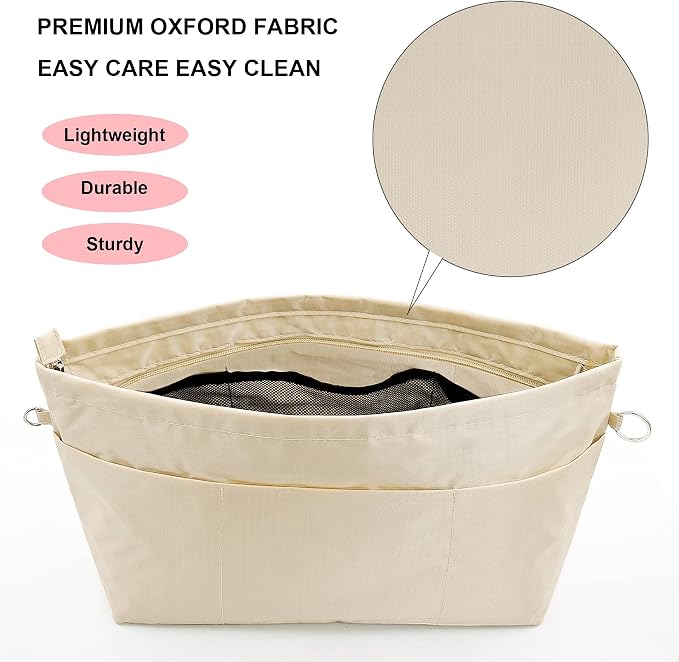 Handbag Tote Purse Organizer Insert, Small, Beige | Bag Divider Liner Shaper Separator in Bag with Zipper, 11 Pockets Compartments